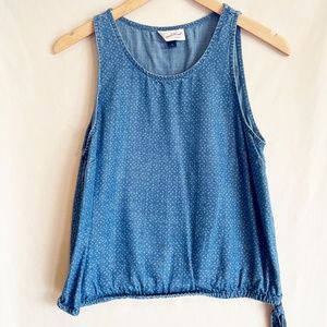 Chambray Denim Paisley Print Draw String Tank
